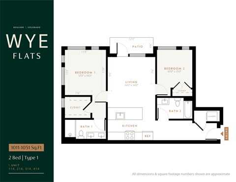 Floor plan for 2 beds, 2 baths, 1051 sqft